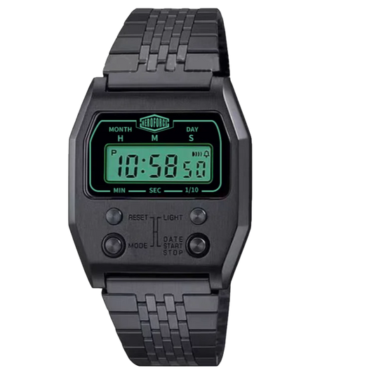 Black metallic digital wristwatch with rectangular face and green backlit display