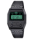 Black metallic digital wristwatch with rectangular face and green backlit display