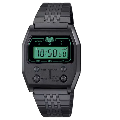 Black metallic digital wristwatch with rectangular face and green backlit display