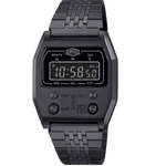 Black metallic digital wristwatch with segmented band, rectangular display