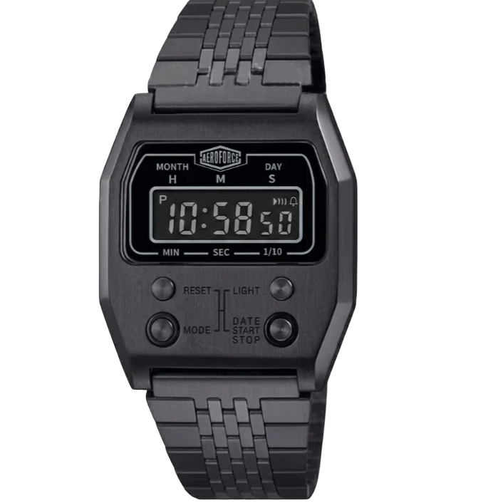 Black metallic digital wristwatch with segmented band, rectangular display