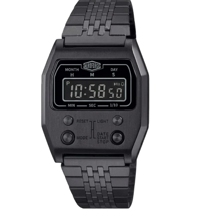 Black metallic digital wristwatch with segmented band, rectangular display
