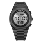 Black metallic digital wristwatch with three side buttons, display 