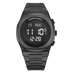 Black metallic digital wristwatch with three side buttons, display showing brand “HEROFORCE,”