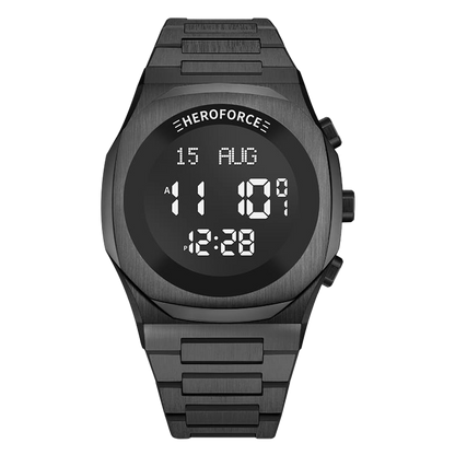 Black metallic digital wristwatch with three side buttons, display showing brand “HEROFORCE,”