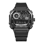 Black rectangular wristwatch with rounded corners and black strap, hybrid analog-digital display