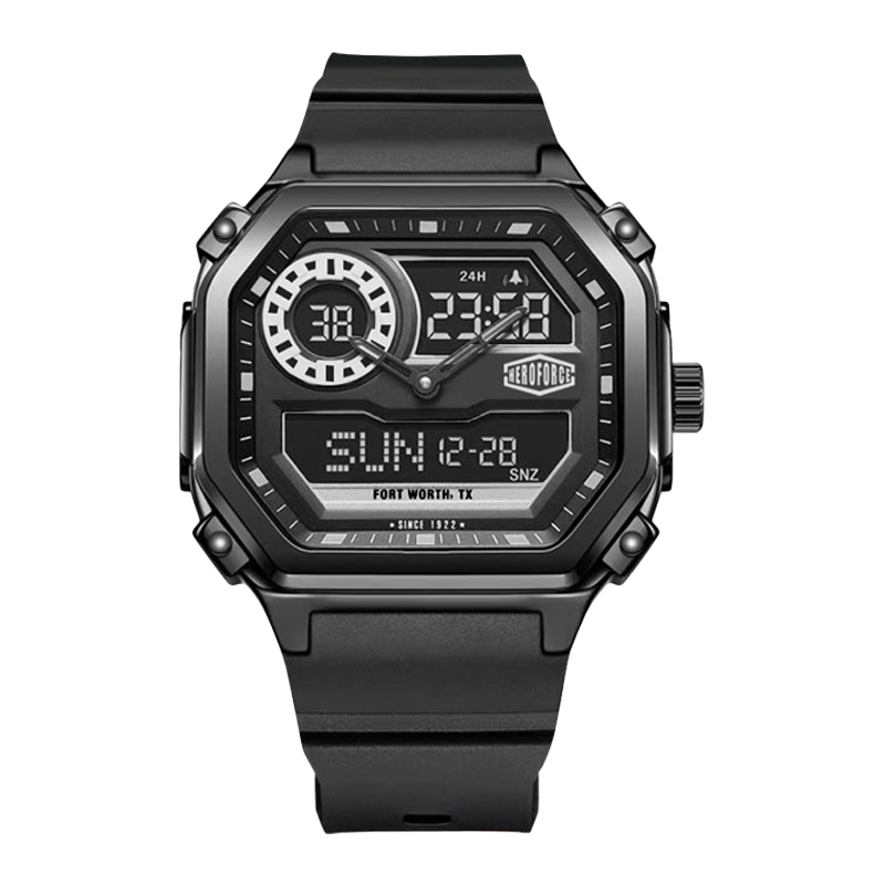 Black rectangular wristwatch with rounded corners and black strap, hybrid analog-digital display