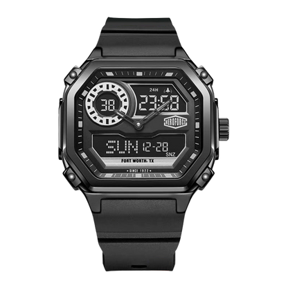 Black rectangular wristwatch with rounded corners and black strap, hybrid analog-digital display
