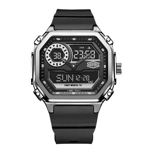 Black rectangular wristwatch with metallic casing and screws, hybrid analog-digital display