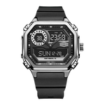 Black rectangular wristwatch with metallic casing and screws, hybrid analog-digital display