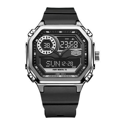 Black rectangular wristwatch with metallic casing and screws, hybrid analog-digital display