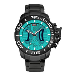 Black stainless steel watch with Tiffany blue geometric dial, oversized bezel, and metal bracelet