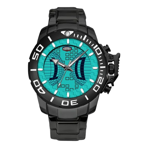Black stainless steel watch with Tiffany blue geometric dial, oversized bezel, and metal bracelet