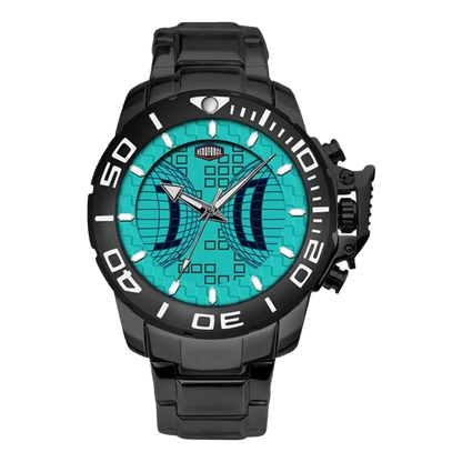 Black stainless steel watch with Tiffany blue geometric dial, oversized bezel, and metal bracelet