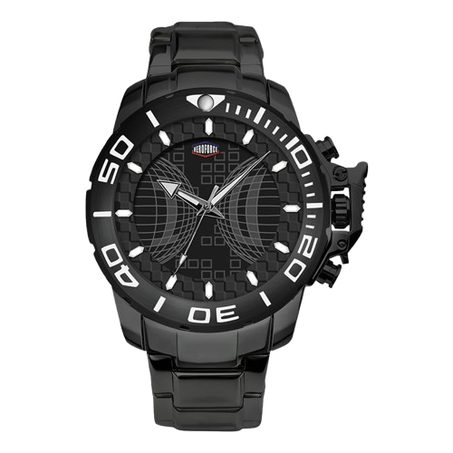 Black stainless steel watch with black geometric dial, oversized bezel, and metal bracelet