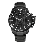 Black stainless steel watch with black geometric dial, oversized bezel, and metal bracelet