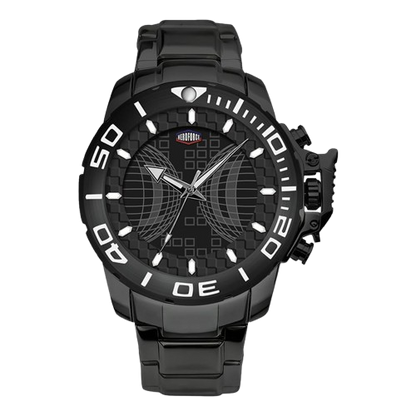 Black stainless steel watch with black geometric dial, oversized bezel, and metal bracelet