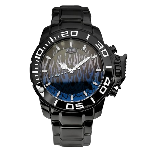Black stainless steel watch with blue flame gradient dial, oversized bezel, and metal bracelet