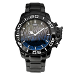 Black stainless steel watch with blue flame gradient dial, oversized bezel, and metal bracelet