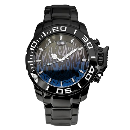 Black stainless steel watch with blue flame gradient dial, oversized bezel, and metal bracelet