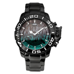 Black stainless steel watch with green flame gradient dial, oversized bezel, and metal bracelet