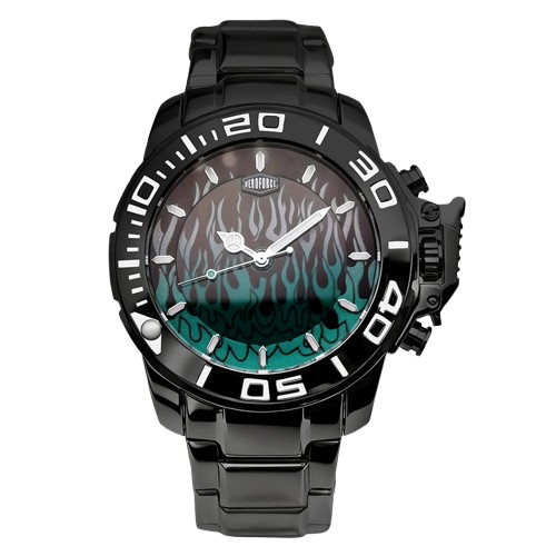 Black stainless steel watch with green flame gradient dial, oversized bezel, and metal bracelet