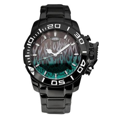 Black stainless steel watch with green flame gradient dial, oversized bezel, and metal bracelet