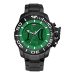 Black stainless steel watch with green geometric dial, oversized bezel, and metal bracelet