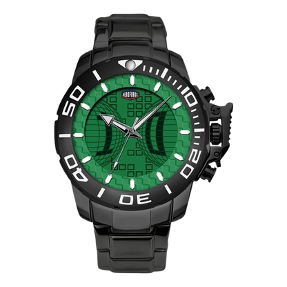 Black stainless steel watch with green geometric dial, oversized bezel, and metal bracelet