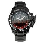 Black stainless steel watch with red flame gradient dial, oversized bezel, and metal bracelet
