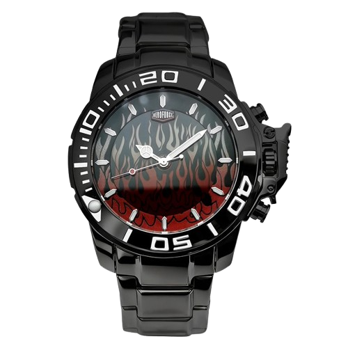 Black stainless steel watch with red flame gradient dial, oversized bezel, and metal bracelet