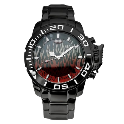 Black stainless steel watch with red flame gradient dial, oversized bezel, and metal bracelet