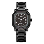 Black stainless steel wristwatch with a black textured dial and date display.