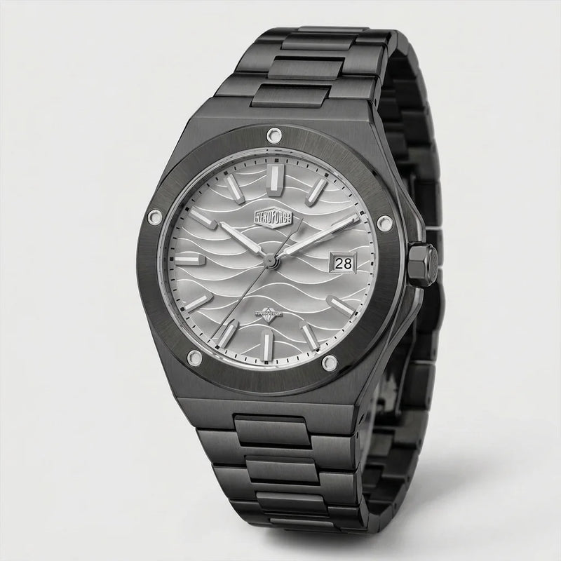Black stainless steel wristwatch with a silver wave patterned dial and date display.