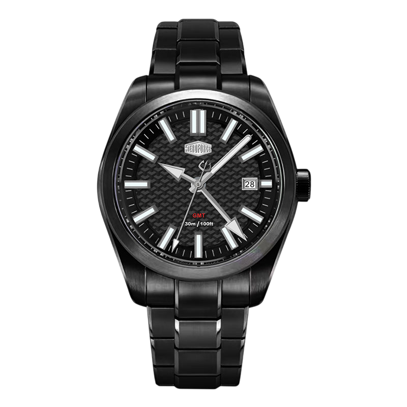Black wristwatch with a detailed face on a white background