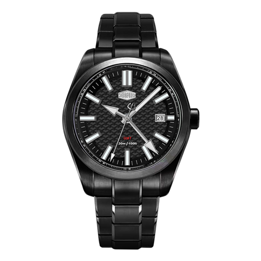 Black wristwatch with a detailed face on a white background