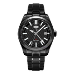 Black wristwatch with a detailed face on a white background