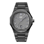 Black wristwatch with a metallic finish on a white background