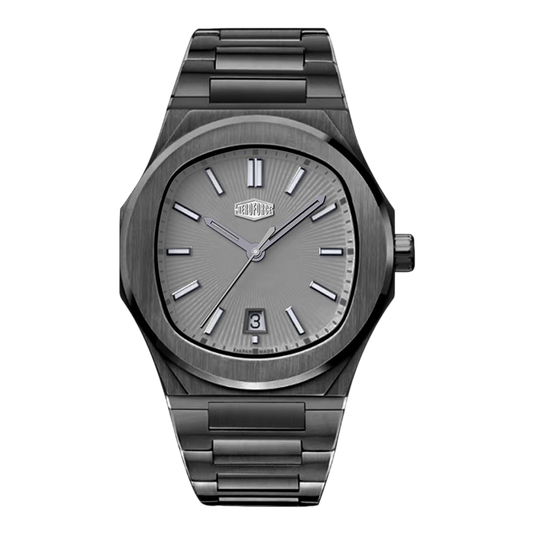 Black wristwatch with a metallic finish on a white background