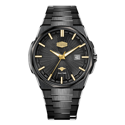 Black wristwatch with metallic band, textured black dial, gold hour markers and hands, HEROFORCE logo, date window at 28, luxury black‑and‑gold design.