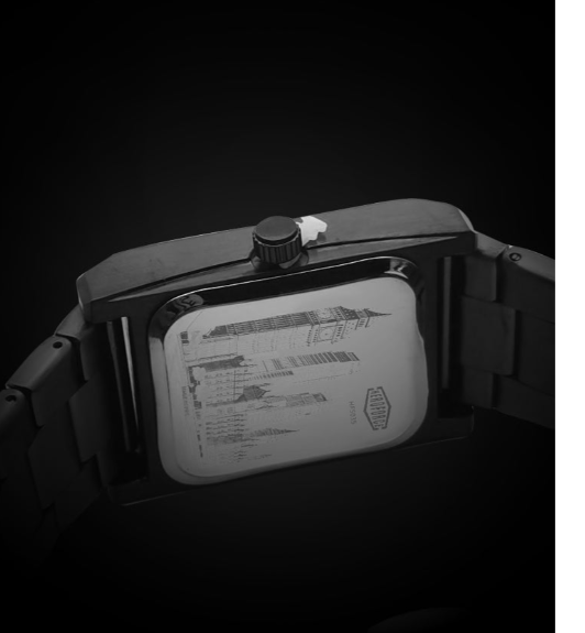 case back, engraved design, dark finish