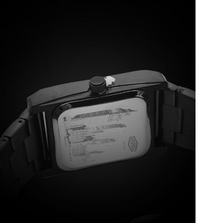 case back, engraved design, dark finish