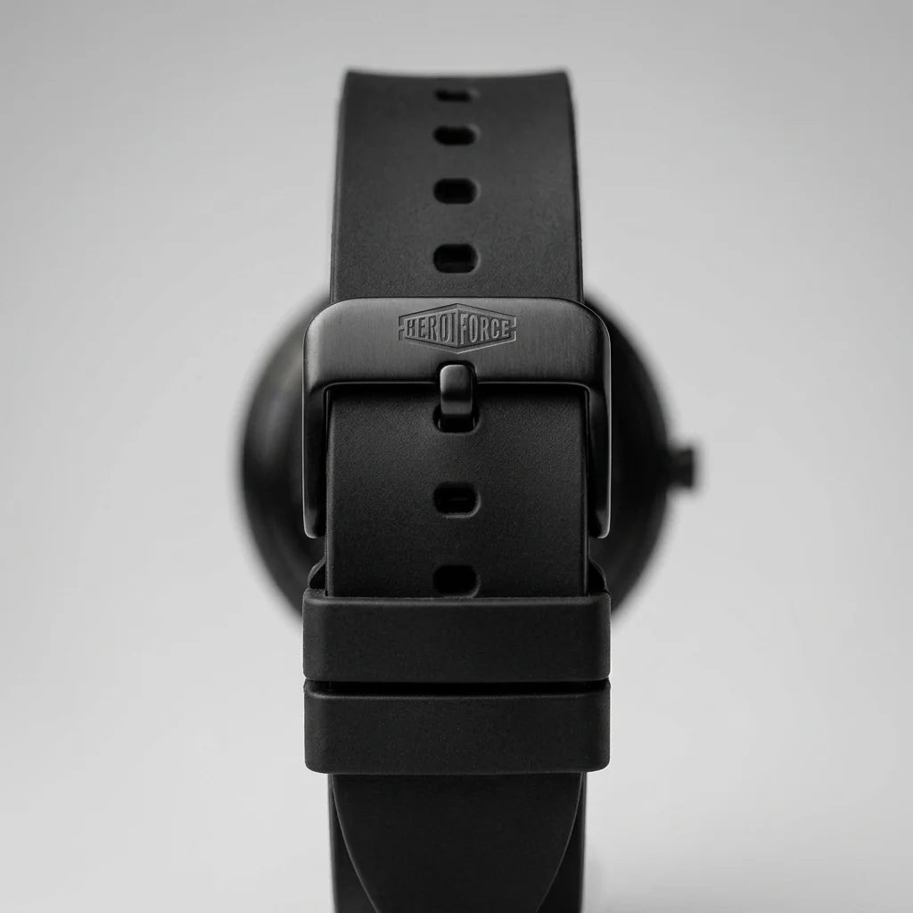 Close-up of a black watch strap buckle with the brand name debossed on the metal clasp, set against a soft gray background.