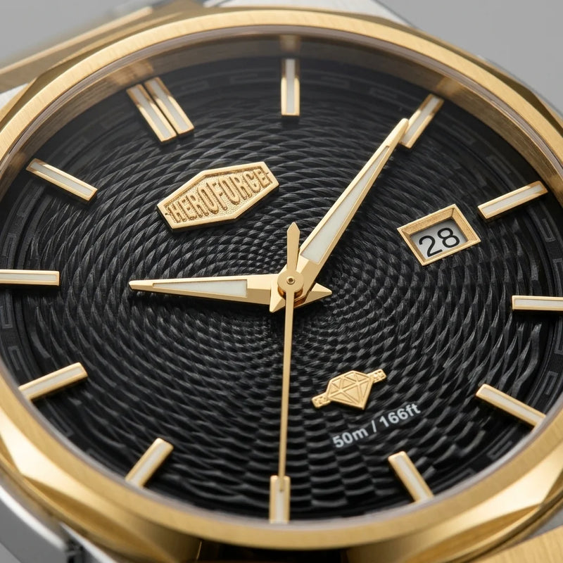 Close-up of a Hero Force men's watch featuring a textured black dial, gold-tone case, gold-tone hour markers and hands, and a date window showing '28'.