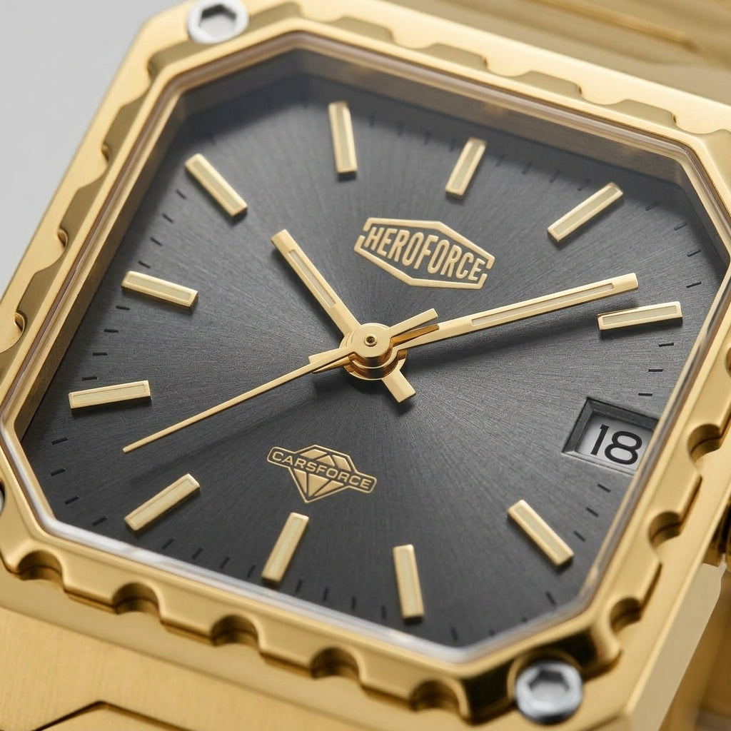 Close-up of a Heroforce men's watch featuring a gold-tone octagonal case, a dark gray textured dial, gold-tone stick indices, and a date window showing '18'.