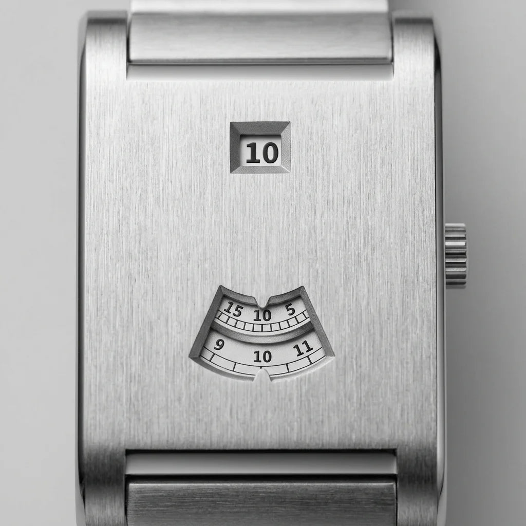 Close-up of a brushed stainless steel watch face with a small square day window showing 10 and a fan-shaped hour-index window below, on a light gray background.