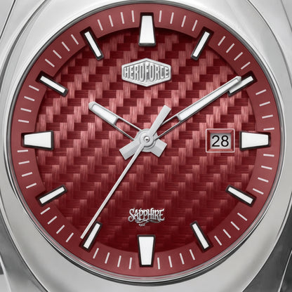 Close-up of a wristwatch dial with a silver-toned bezel, a red woven-texture face, white hour markers, silver hands, and a date window showing 28.