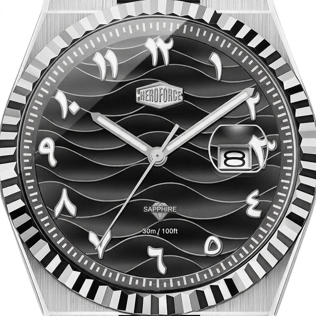 Close-up of a wristwatch with a silver-toned fluted bezel, black dial, and Arabic numeral hour markers. The brand name MEROFORCE is visible above the 12 o'clock position, and the dial includes a date window and 'SAPPHIRE' text.