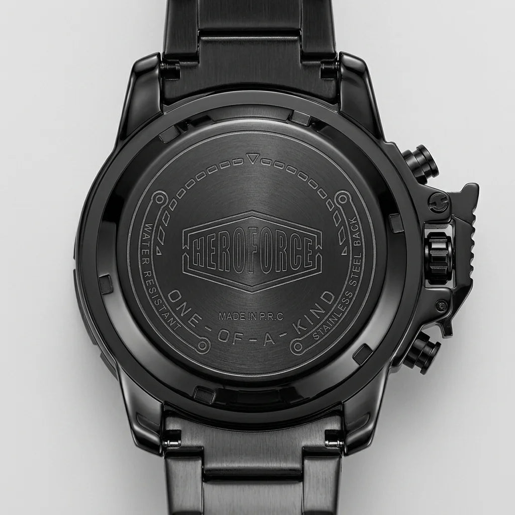Close-up of the back of a black tactical watch with a metal link band, featuring the brand name 'HEROFORCE' and 'ONE OF A KIND' engraved on the case.