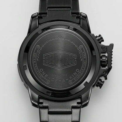 Close-up of the back of a black tactical watch with a metal link band, featuring the brand name 'HEROFORCE' and 'ONE OF A KIND' engraved on the case.